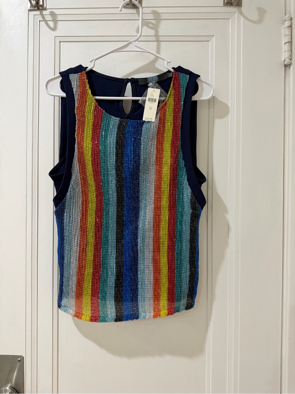 Eva Franco Navy Multicolor Sequin Stripe Tank